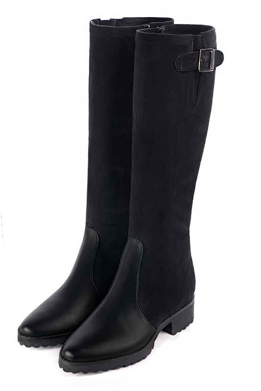 Satin black women's knee-high boots with buckles. Round toe. Flat rubber soles. Made to measure - Florence KOOIJMAN